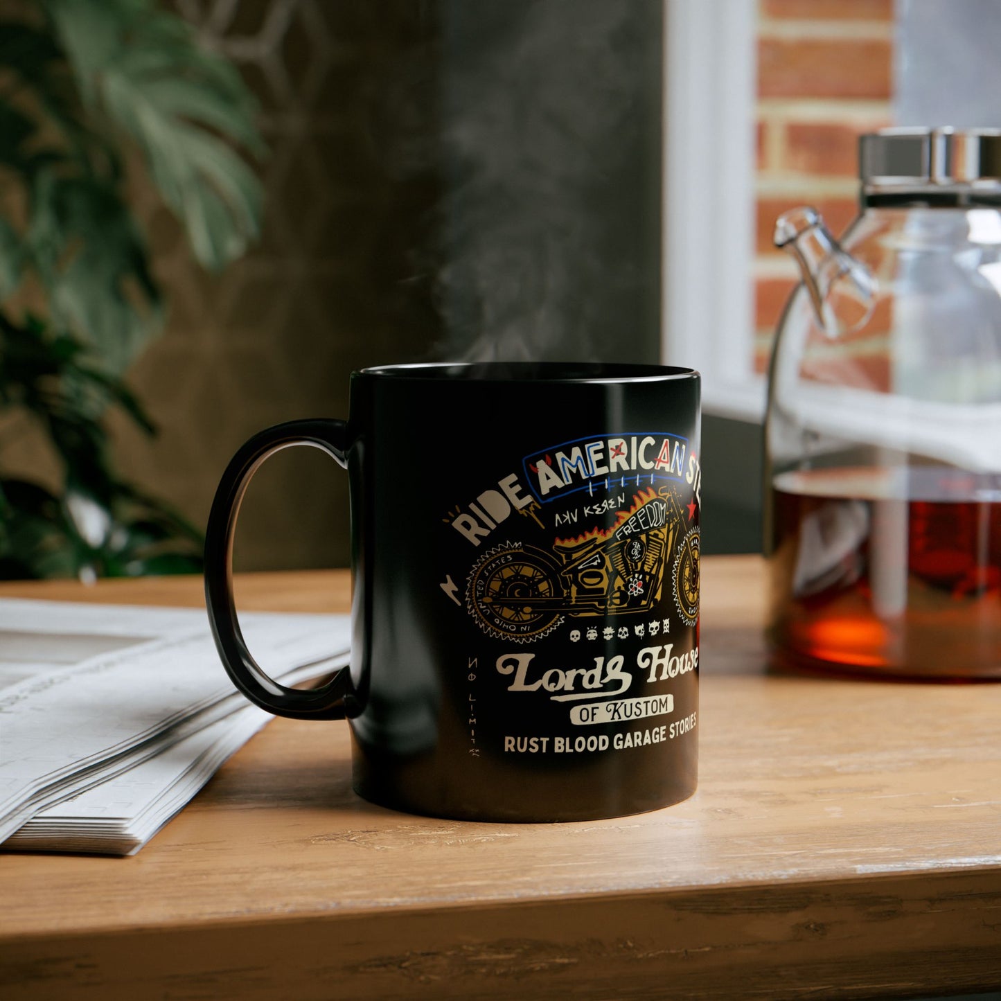 American Steel Garage Stories Black Mug - Perfect for Bikers & Motor Enthusiasts