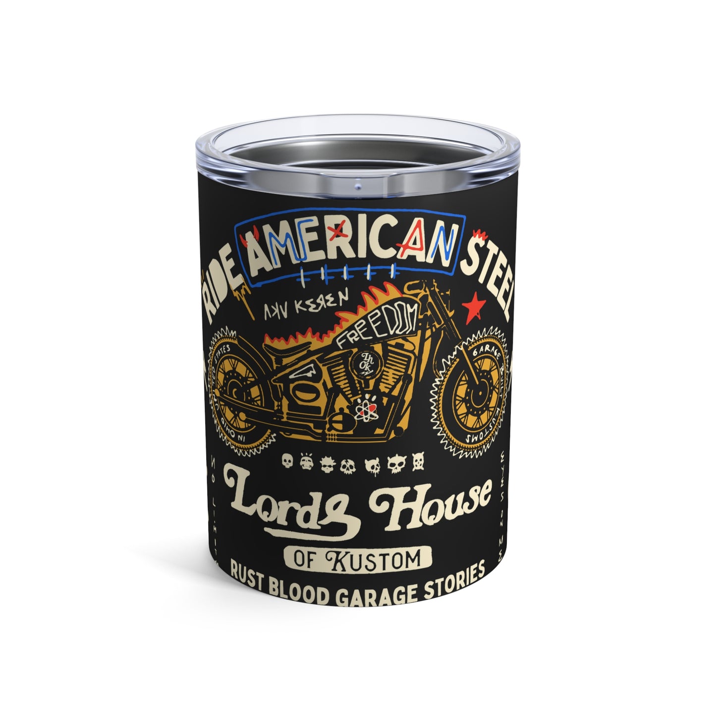 Rustic American Steel Motorcycle Tumbler - 10oz Insulated Travel Cup