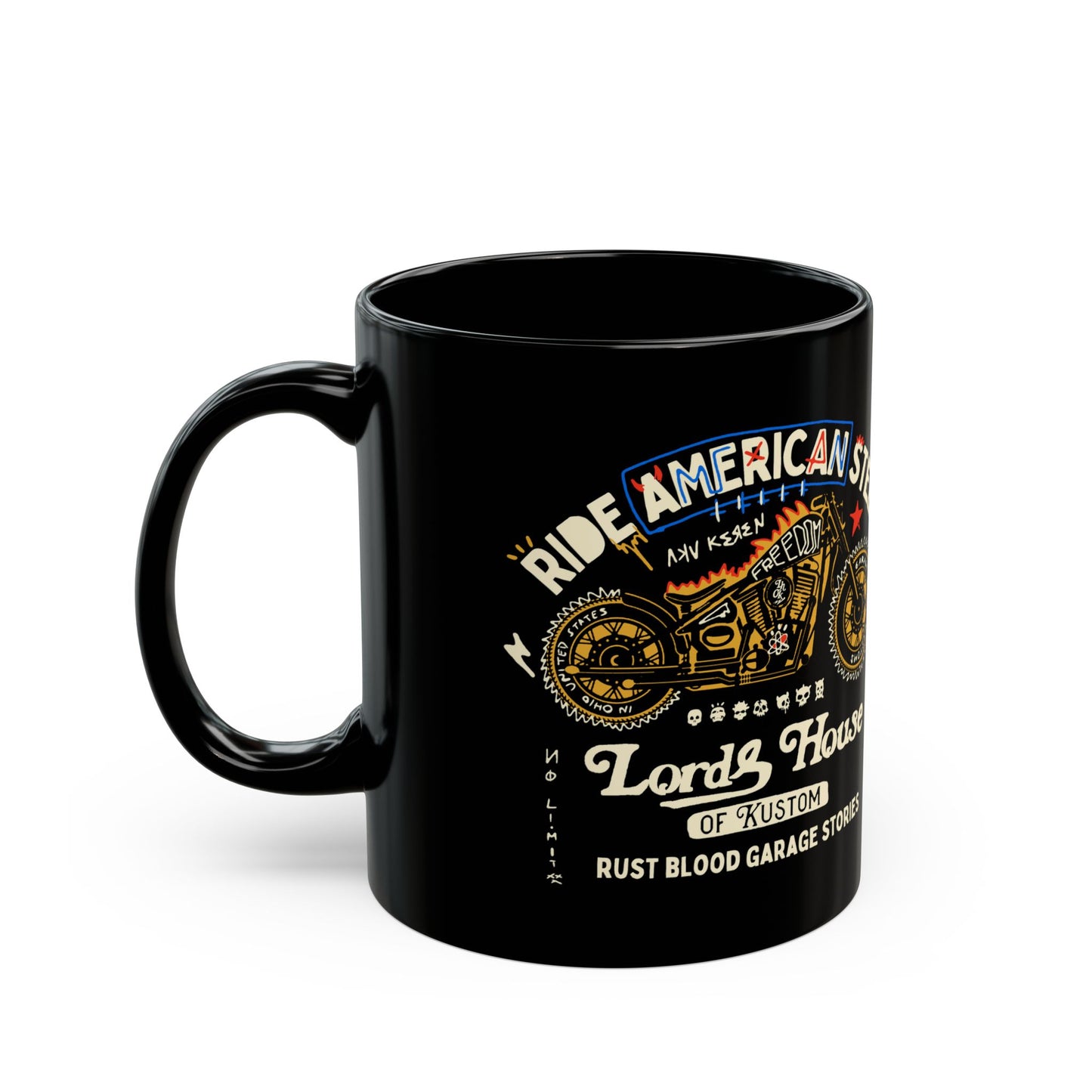 American Steel Garage Stories Black Mug - Perfect for Bikers & Motor Enthusiasts