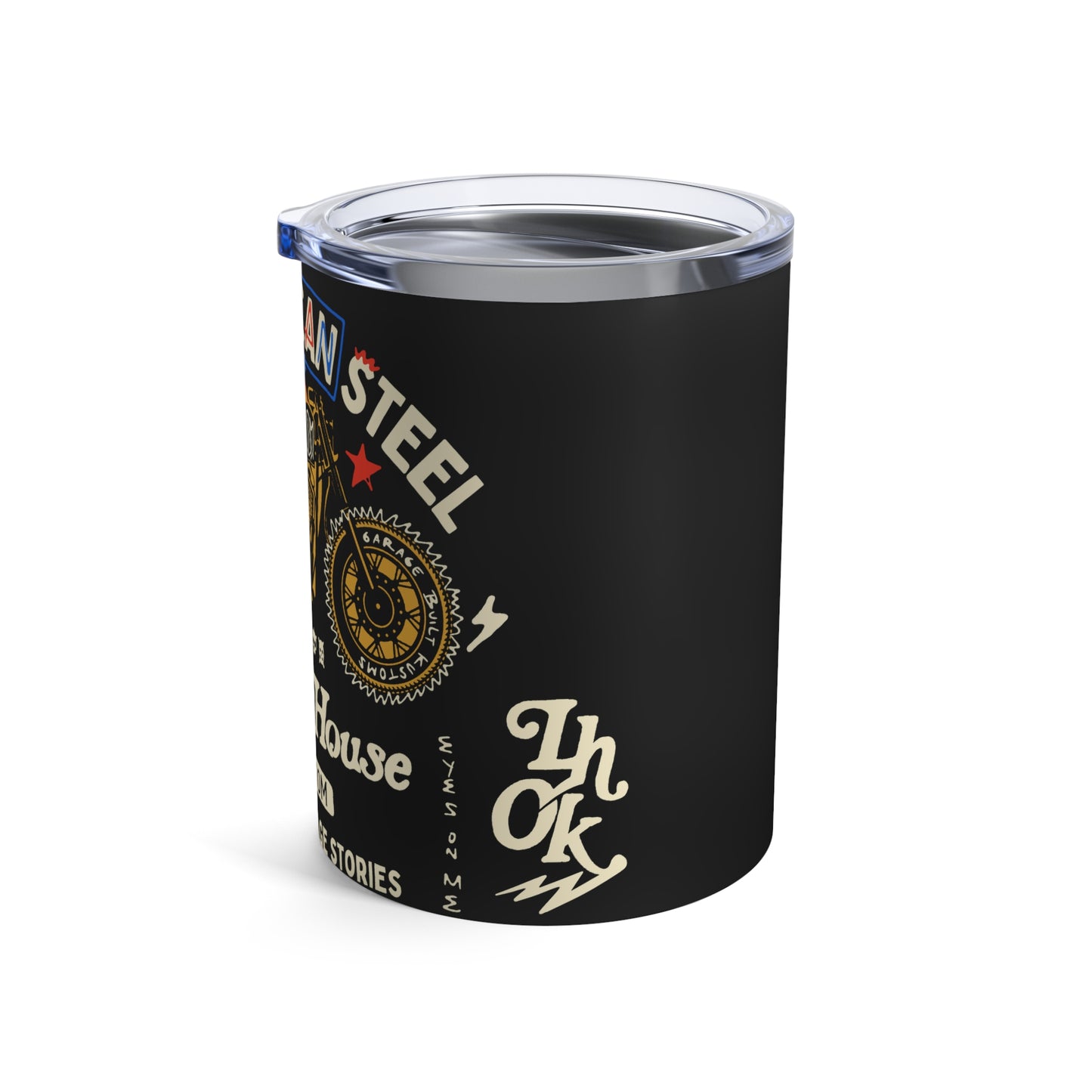 Rustic American Steel Motorcycle Tumbler - 10oz Insulated Travel Cup