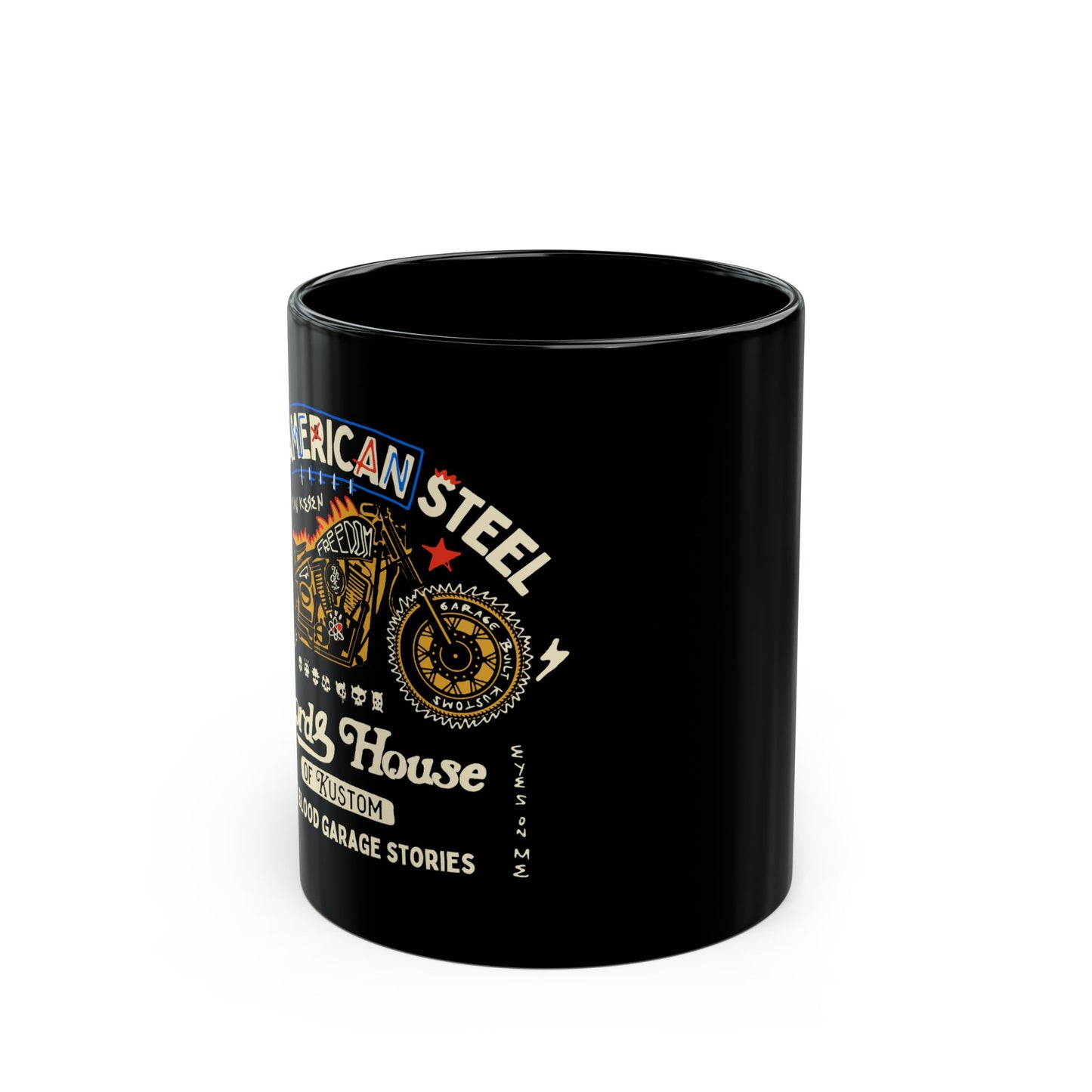 American Steel Garage Stories Black Mug - Perfect for Bikers & Motor Enthusiasts
