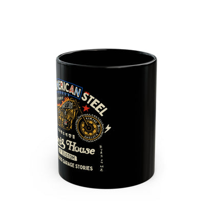 American Steel Garage Stories Black Mug - Perfect for Bikers & Motor Enthusiasts